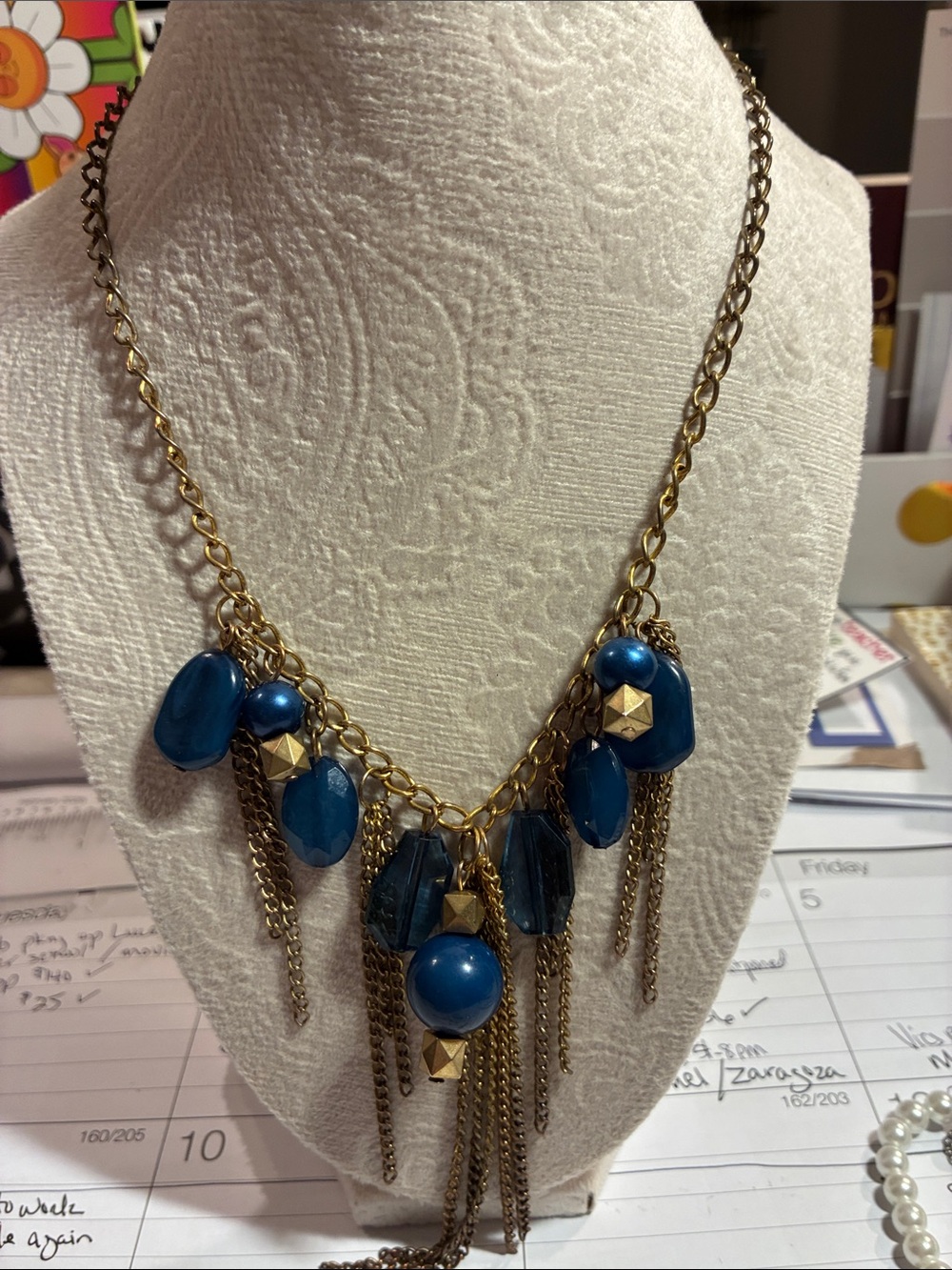 Gold-Tone Necklace with Teal Blue Beads and Chain Tassels